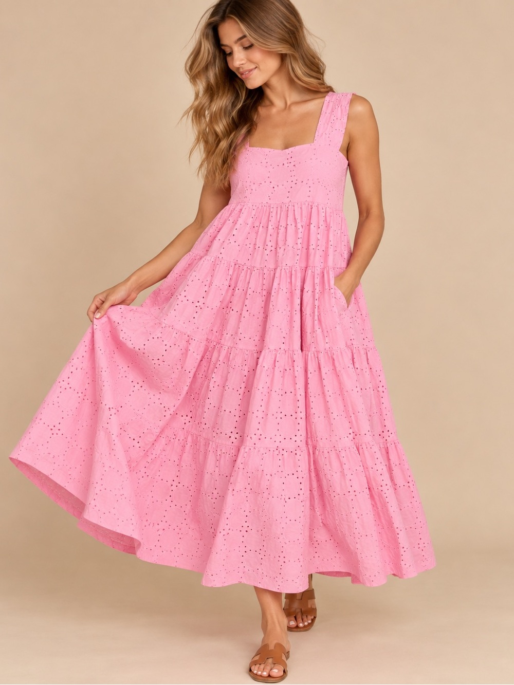 Anthropologie Pink Eyelet Tiered Maxi Dress 2X Cottagecore